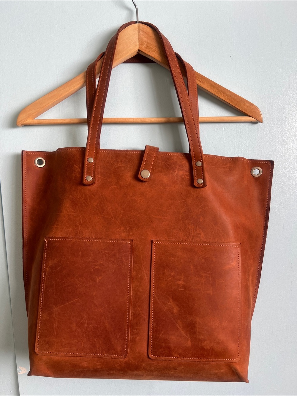 Cognac Leather Tote Bag with Front Pockets